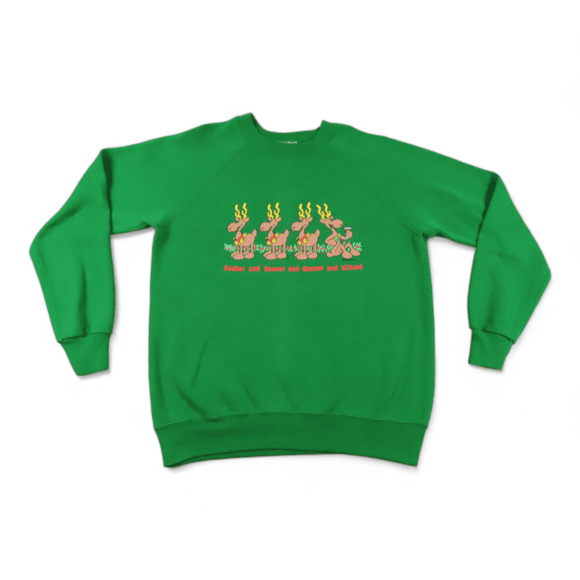 Vintage Christmas Sweater Adult MEDIUM Green 80s Reindeer Holidays Blitzed Xmas - Picture 1 of 7